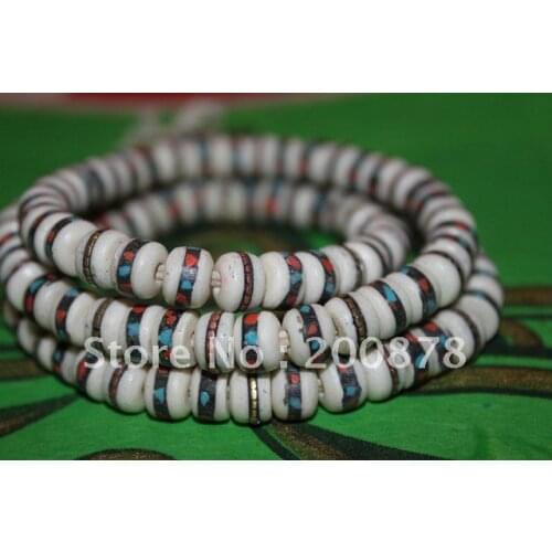 BRO820 Tibetan 108 beads white Yak bone mediation prayer beads mala,8mm,Antiqued ox bone inlay brass silk,Tibetan rosary