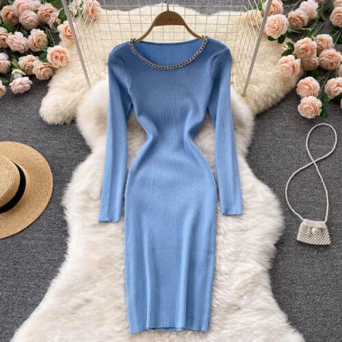Croysier Dresses For Women 2021 Autumn Winter Long Sleeve Ribbed Knitted Dress Round Neck Chain Night Club Sexy Bodycon Dress