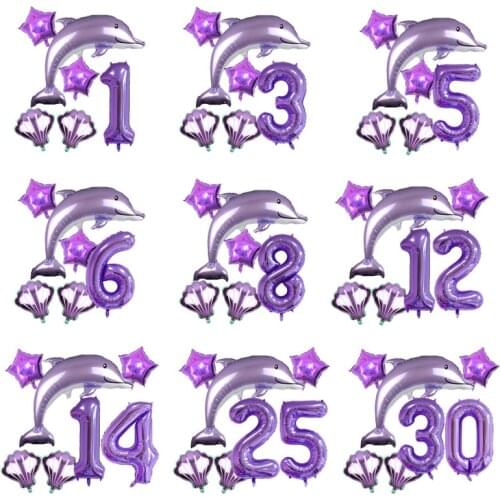 118cm Purple Dolphin Foil Balloons with 40inch Number Helium Balloon Sea World Theme Set Birthday Party Decorations Baby Showers