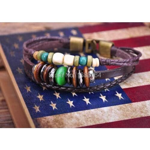 G57 Bronze Trendy Green Wood & Stone Beads Leather Bangle Bracelet Cuff Mens