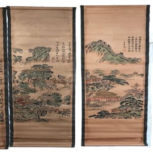 China Old Scroll Painting Four Screen Paintings Middle Hall Hanging Painting Landscape Painting
