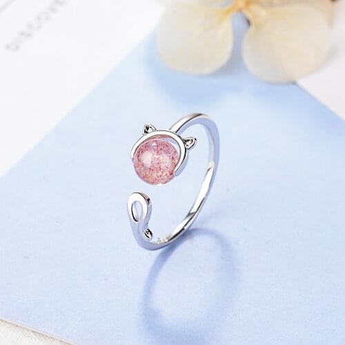 925 Sterling Silver Lovely Cat Shape Adjustable Rings With Natural Strawberry Crystal Bead For Women Jewelry S-R373