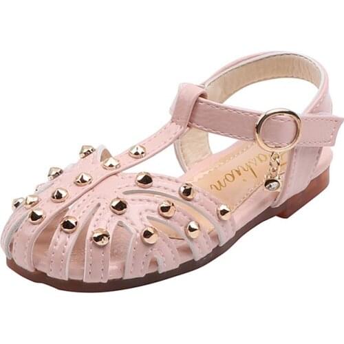 Fashion Princess Summer Leather Rivets Rhinestone Sandals Childrens Girls Kids Student Soft Bottom Beach Shoes 1 2 3 4 5 6 Years