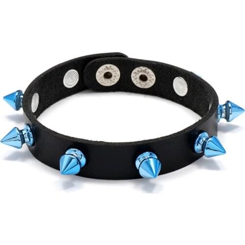 Punk Gothic Rock Men Cuspidal Spikes Rivet Cone Stud Black Cuff Leather Bracelet Wristbands Blue Charm Wrap Bangle Women Jewelry