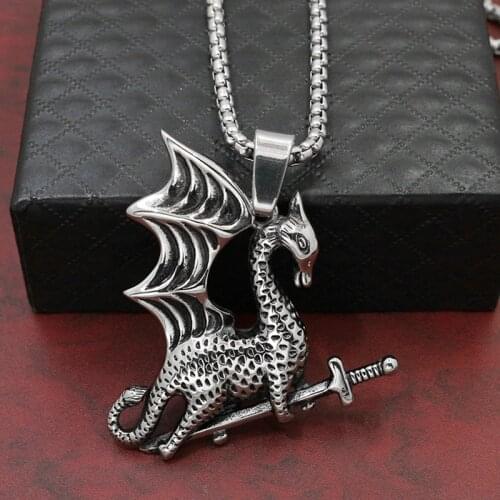 Antique silver pterosaur necklace wyvern pendan with sword