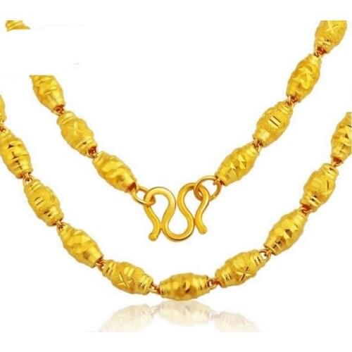 Pure Yellow Gold Big Ellipse Beads Necklace/ 999 gold 24K Olive beads Necklace Chain 9g