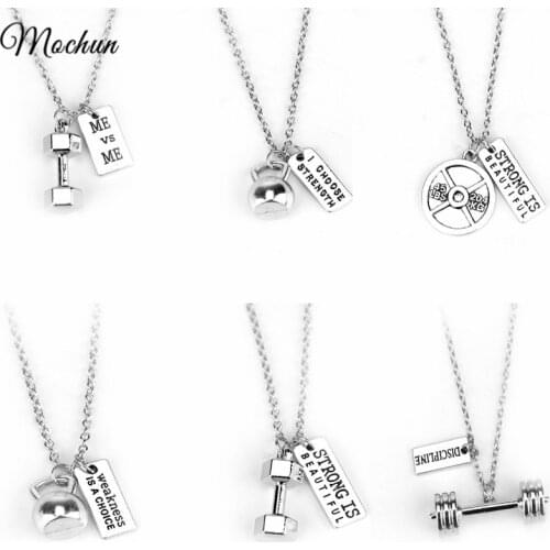 MQCHUN Fitness Gym dumbbell necklace Pendant Jewelry Bodybuilding Necklaces Men Women Sport Kettlebell Barbell Dumbbell Gift