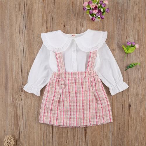 2Pcs Newborn Baby Girls Mini Dress Strap Dress Suspenders Clothes Sets Autumn Winter Tops+Plaid Bib Dress Toddler Outfits