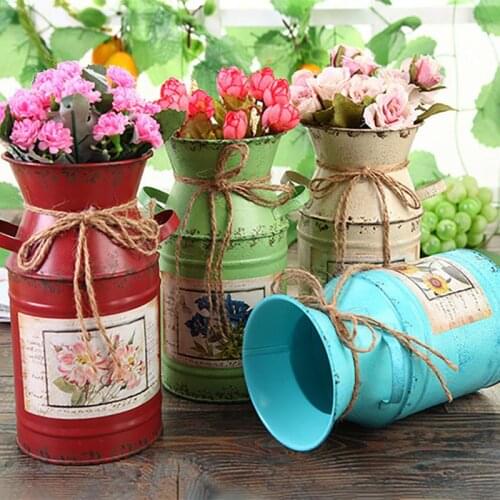 Garden Plants Flower Vase Iron Bucket Home Decoration Pots Arrangement Craft Rural Style Shabby Gift Wedding Vintage Table