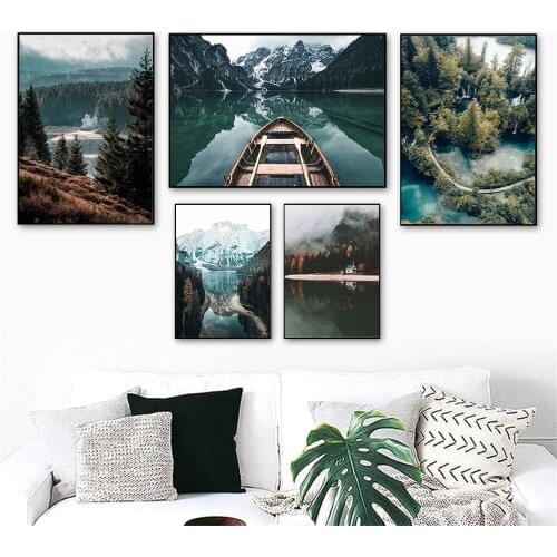 Nordic Lake River Mountain Canvas Print Scandinavian Forest Boat Landscape Poster Painting Modern Wall Art Pictures Home Decor