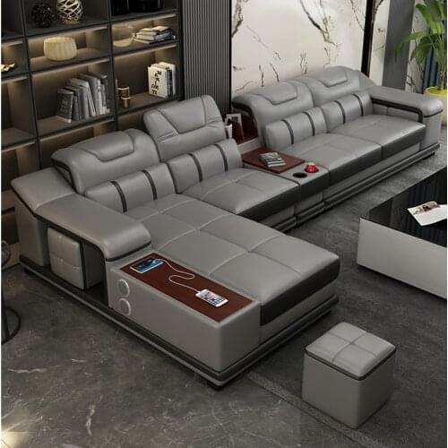 Modern simple first layer living room combination Leather sofa large and small house corner