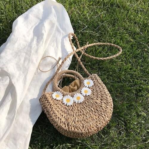 Summer Flower Straw Bag For Women Half-moon Shoulder Bag Handmade Rattan Beach Bag Travel Large Capacity Crossbody Handbag Pouch