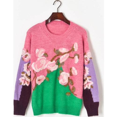 Autumn Fashion Womens Floral embroidery loose sweaters High Quality Wool pullovers Top B543