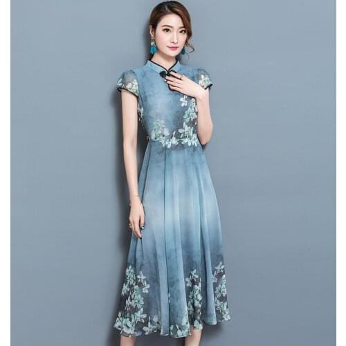 Robe Vintage Femme Dresses Summer 2020 Chiffon Floral Print Casual Dresses Chinese Collar Womens Dresses New Arrival 2020 AA5332