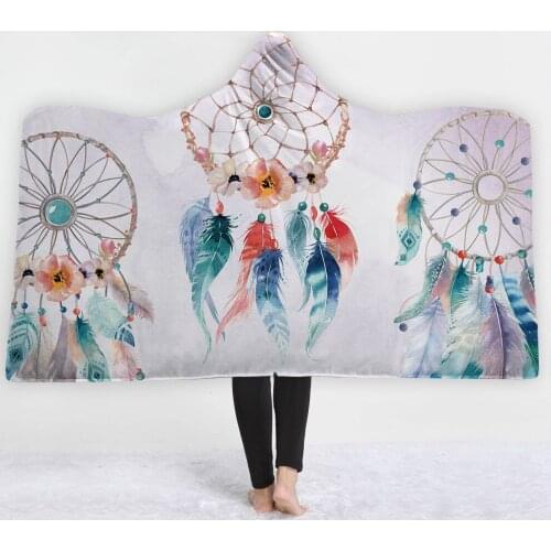 Magic Wearable Hooded Throw Blanket Fashion Dream Catcher Printed Fleece Fabric Sofa Couch Bed Cover Carpet 1.5*2m/1.5*1.3m