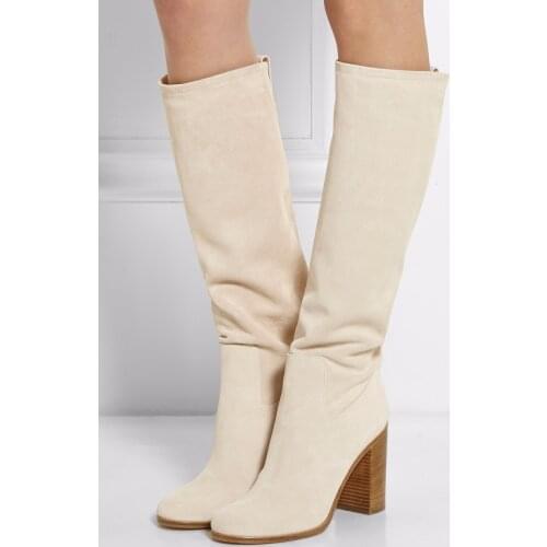 Gullick Beige Fabric Women Boot Round toe Chunky Heel Slip-on Knee-high Women Winter Long Boots Runway Dress Shoes Real Photo
