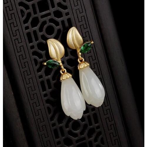 S925 Sterling Silver Natural Jade Hetian Jade Magnolia Leaves Womens High-End Jade Stud Earring Eardrop Pendant Earrings