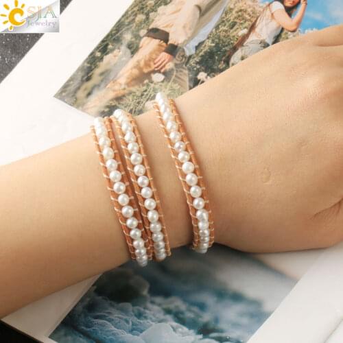 CSJA Atural Pearl Bracelets for Women Multilayer Leather Wrap Bangles 2 Layers Pearls Beaded Bracelet Boho Handmade Jewelry S631