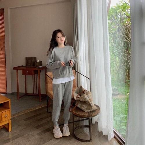 2020 New Casual Two Piece Set Women Solid Color O-neck Long Sleeve Pullovers Knitted Sweater+loose Elastic Pants Tracksuits