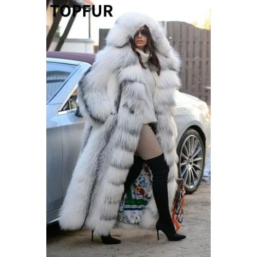TOPFUR Luxury Natural Real Cross Fox Fur Women Coats & Fur With Hood Long Winter Genuine Full Pelt Fox Fur Jacket Female