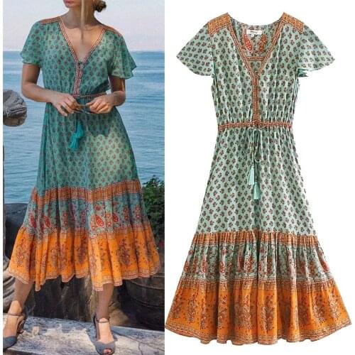 YVYVLOLO ZA Women Floral Print Bat Sleeve Beach Bohemian Maxi Dress Ladies V-neck Tassel Summer Boho Happie Dress Vestidos