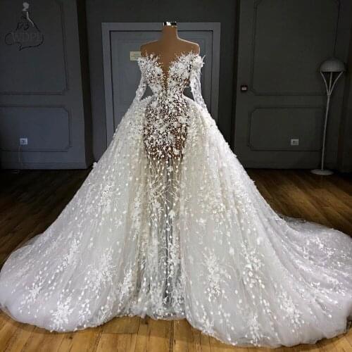 Luxury White Pearls Wedding Dresses 2020 Tow Pieces Illusion Wedding Dress Long Sleeves Bride Gowns With Long Detachable Train