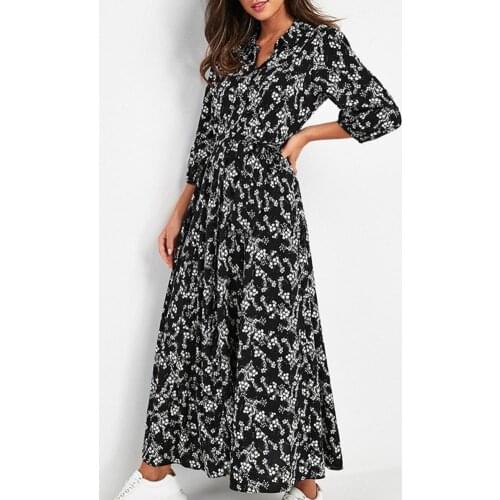 Vintage Floral Print Maxi Dress Women Boho Three Quarter Sleeve Long Dress Spring Summer Turn Down Collar Casual Shirt Dresses