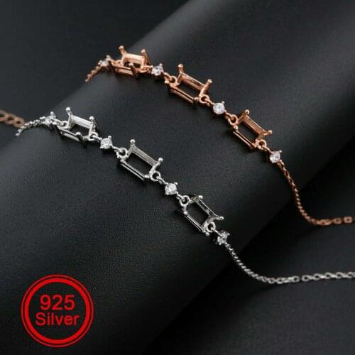 1Pcs 4x6MM Rectangle Prong Bezel Bracelet Settings Three Stones Rose Gold Plated Solid 925 Sterling Silver Tray 1900244