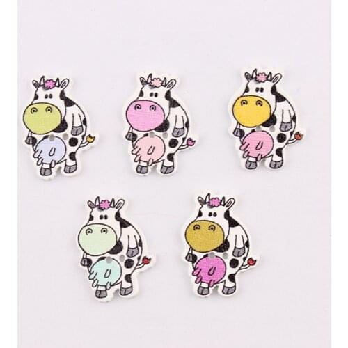 2 Holes Mixed Wooden Button Cute Cow With Babycow Pattern Scrapbook Craft Buttons Mix 50pcs Garment Botoes Accessories 28*20mm