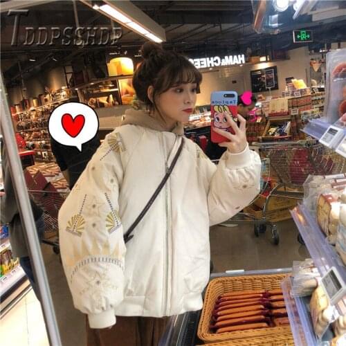 2019 Winter Loose Korean Christmas Embroidery Women Parkas Warm Padded Female Coat