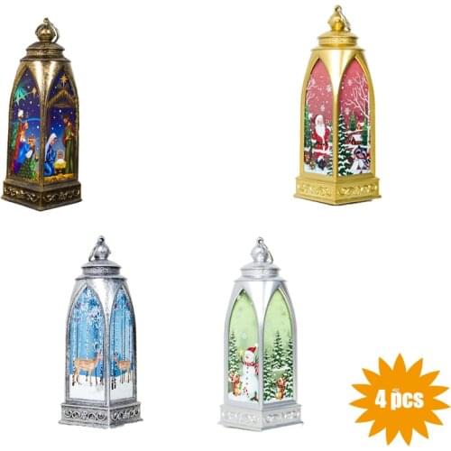 4 pcs Battery Operated Christmas Lights Decoration Wind Hanging Lantern Snowman Santa Claus Religion Elk Painted for Xmas Decor