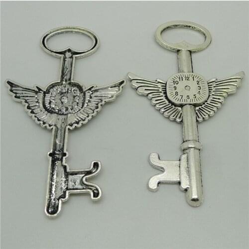 20pcs/lot Angel Wing Clock Key Pendant 77x46mm Key Charms Jewelry Accessories