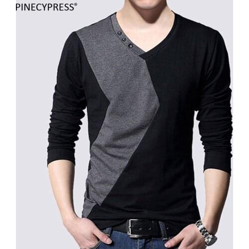 Man T-shirt Cotton Long Sleeve Quality Fashion Patchwork Casual V-neck Spring Autumn Male Tee Black Grey Men T Shirt