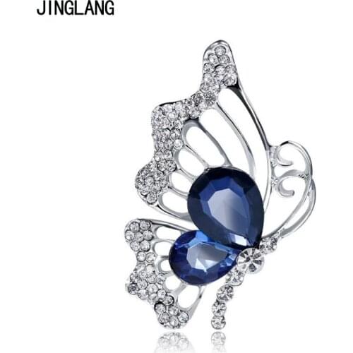 JINGLANG Animal Metal Brooches Pins Rhinestone Blue Crystal Butterfly Brooches For Women Wedding Clothes Decoration Jewelry