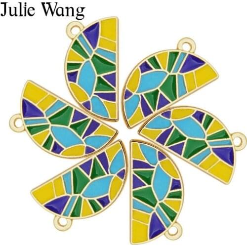 Julie Wang 12PCS Enamel Semicircle Colorful Patchwork Charms Gold Tone Necklace Earrings Findings DIY Jewelry Making Accessory