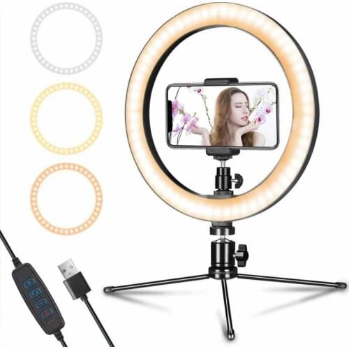 10 Inch Selfie Ring Light 3000-6500K 10 Levels Adjustable With Tripod Stand & Phone Holder For Makeup Live Stream LED Camera
