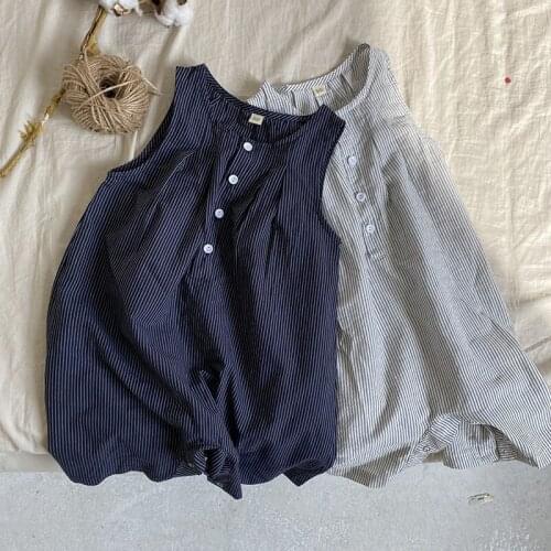 2021 Summer New Japanese Girls Jumpsuit Children Baby Striped Loose Cotton Jumpsuit Vest Jumpsuit