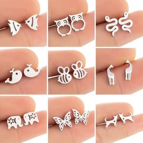Tiny Stainless Steel Animal Stud Earrings for Women Girls Cute Giraffe Snake Fish Rabbit Cat Earings Jewelry Bee Dog Accessories