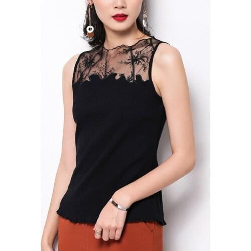 Lace Patchwork Perspective Sleeveless T Shirts Off Shoulder Sexy Tees Fashion Brand Women Clothing Korean Ladies Tops New