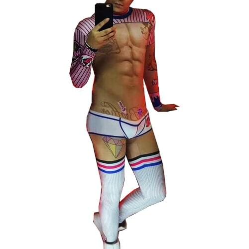 Cartoon Pattern Printing Striped Tights Jumpsuit Long Sleeve Rompers Personality Performance Costume Men Party Evening Costume