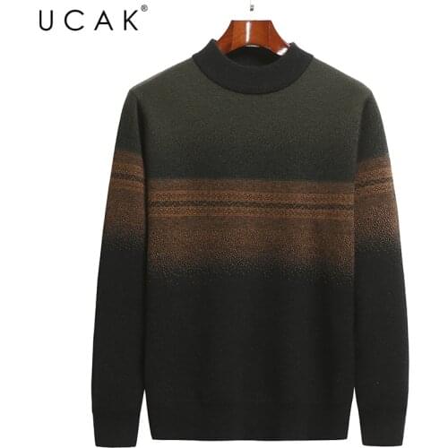 UCAK Brand Classic Pure Merino Wool Men Sweaters O-Neck Striped Streetwear Sweater Pull Homme Autumn Winter Thick Pullover U1303