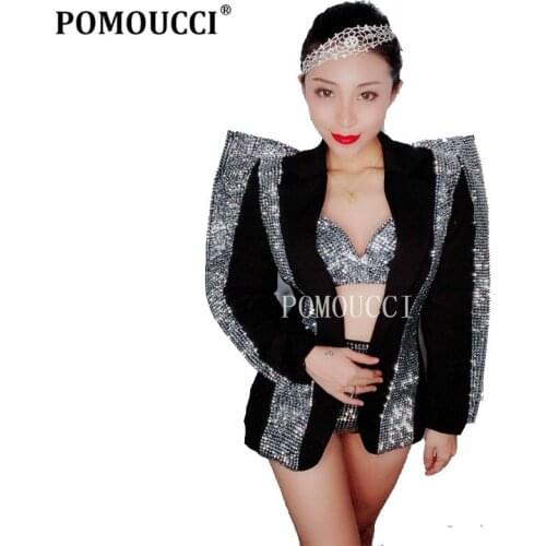 Women New Sparkly Silver Rhinestones Outfit Set Singer Dance Bra Short Jacket Wear Nightclub Clothes Black Wear Birthday Outfit