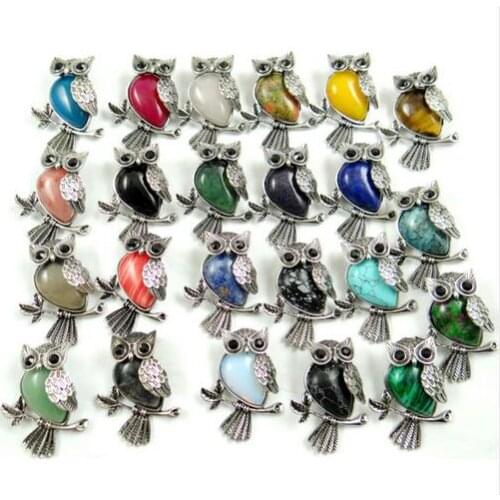 The New natural stone mixed lazuli tiger eye bead animal Owl Archaize silver Pendant necklace for making Jewelry 10pcs wholesale