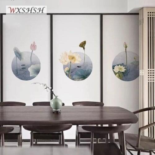Custom Size Window Film Static Cling Chinese Style Lotus Painting Pattern PVC Decorative Foil For Bathroom Living Room Bedroom