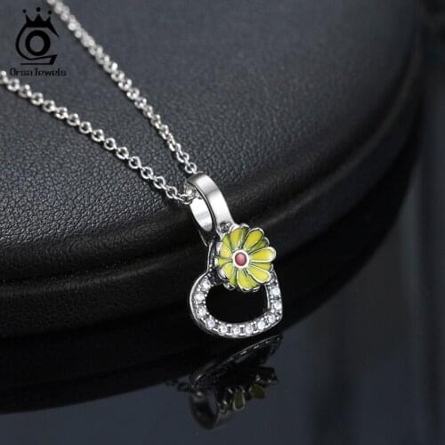 ORSA JEWELS 925 Sterling Silver Necklace Yellow Flower Design AAAA Zirconia Heart Shape Pendant For Female Dating CB23