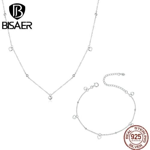 BISAER Authentic 925 Sterling Silver Clear CZ Heart Language Bracelets Necklace Jewelry For Women Birthday Gift ZSH213