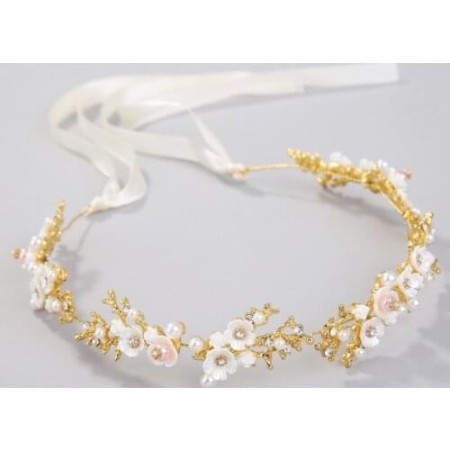 Flower Girls and Bride Gold Headwear White Flower Head Band with Ribbon Hair Accessories Wedding Headdress Handmade Tiara Alloy