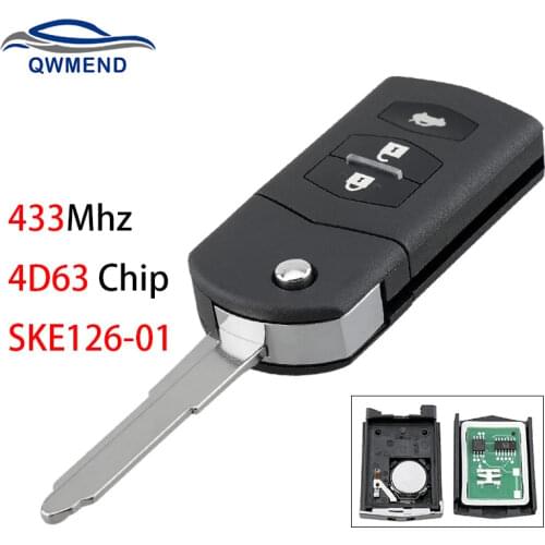 BHKEY SKE126-01 Remote Car Key for Mazda 2 6 2010-2013 Flip Key for Car 3 Buttons 433Mhz 4D63 Chip for Mazda Keys