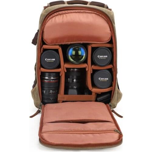 Waterproof Batik Canvas+Leather Large Camera Bag Shockproof Protective Photography Outdoor Backpack for Camera/Lens/Tripod/IPad