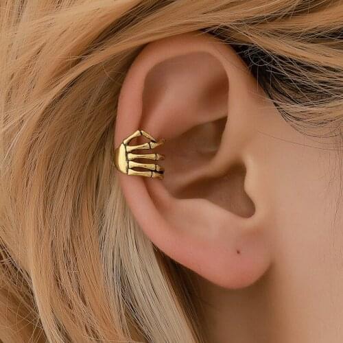 Gothic Punk Skeleton Hand Ear Clip Men Women Fake Cartilage Earring No Piercing Hip Hop Ear Cuff Gold Silver Color Jewelry Gift